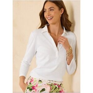 Tommy Bahama White Top Womens 3/4 Sleeve Collared‎ V Neck Casual